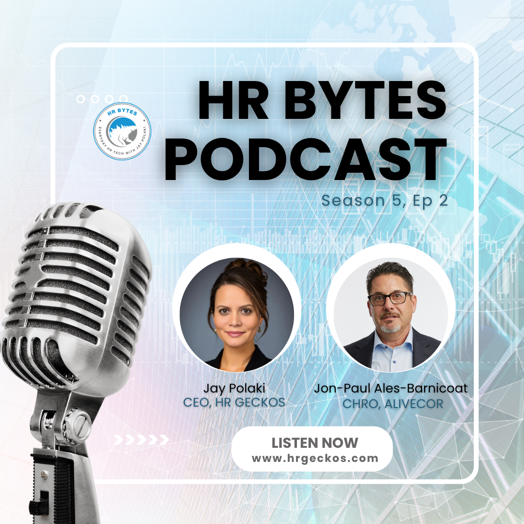 Promotional tile for HR Bytes Season 5: Episode 02, featuring Jon Paul Ales Barnicoat. The image includes her professional headshot, a large microphone graphic, and a link to hrgeckos.com/podcast.